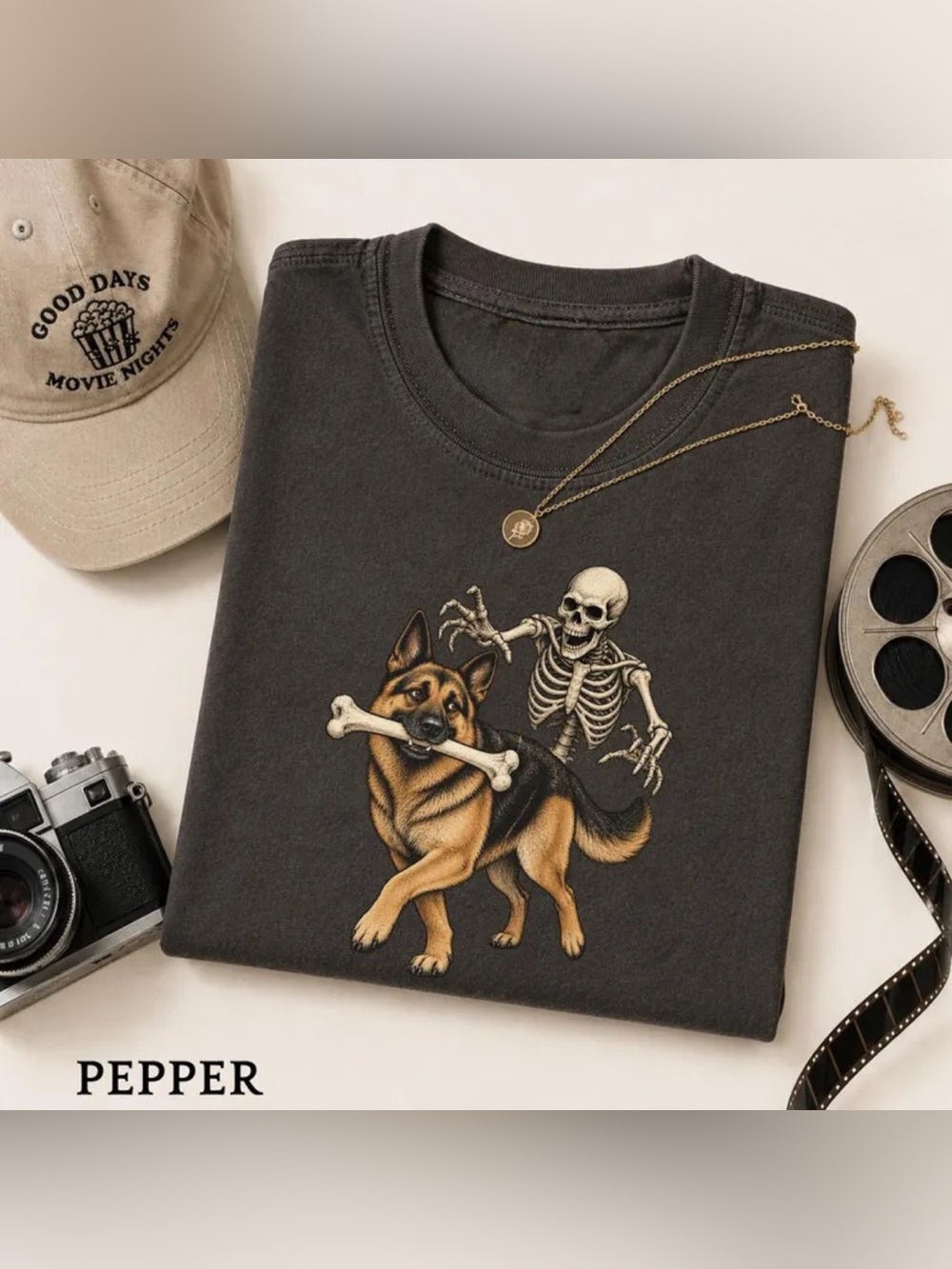 Comfort German Shepherd Dog Graphic Tee in Pepper, Retro Halloween gift